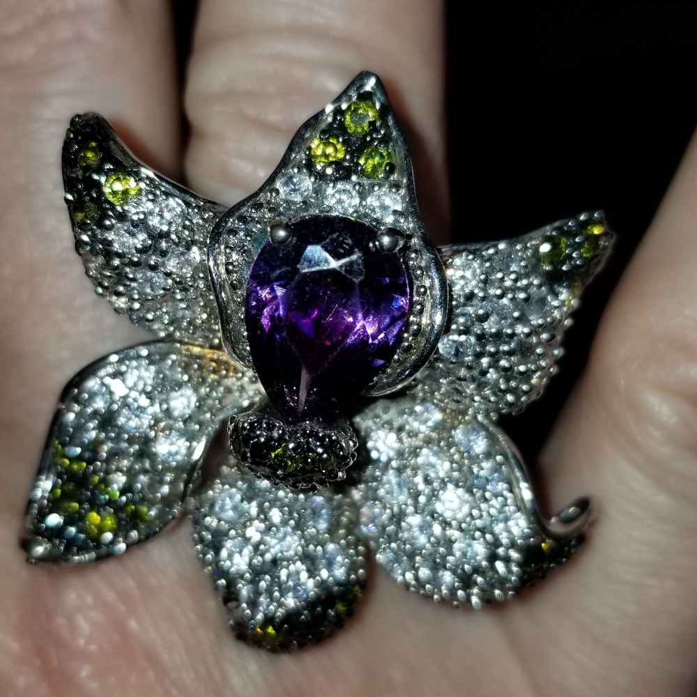 Rhodium and crystal orchid ring- adjustable 6 to 8